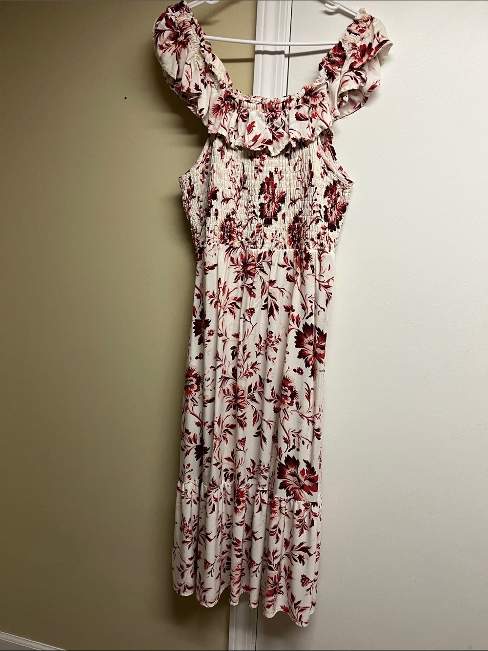 Maurices Cream Maxi Dress with Red Floral Print worn once!